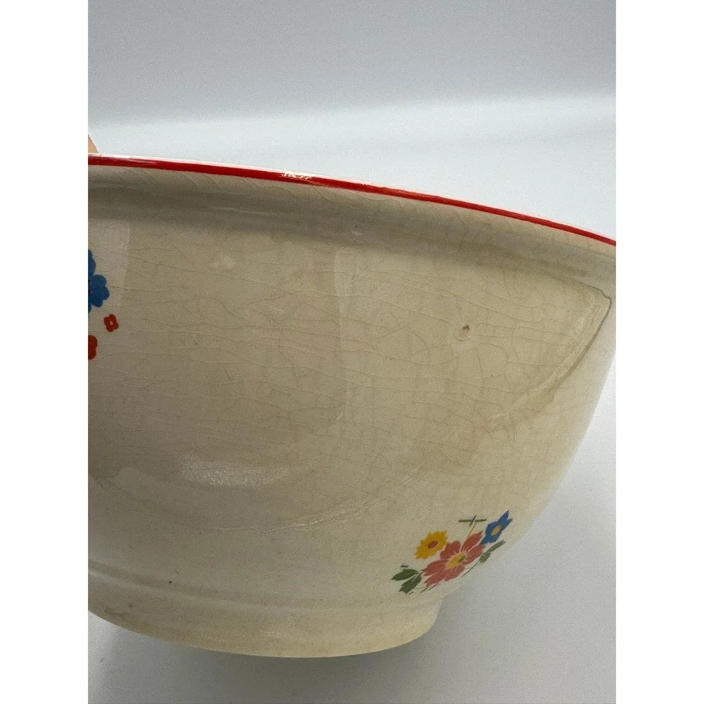 Vintage Homer Laughlin Kitchen Kraft Oven Serve‎ Floral Mixing Bowl Red Rim USA